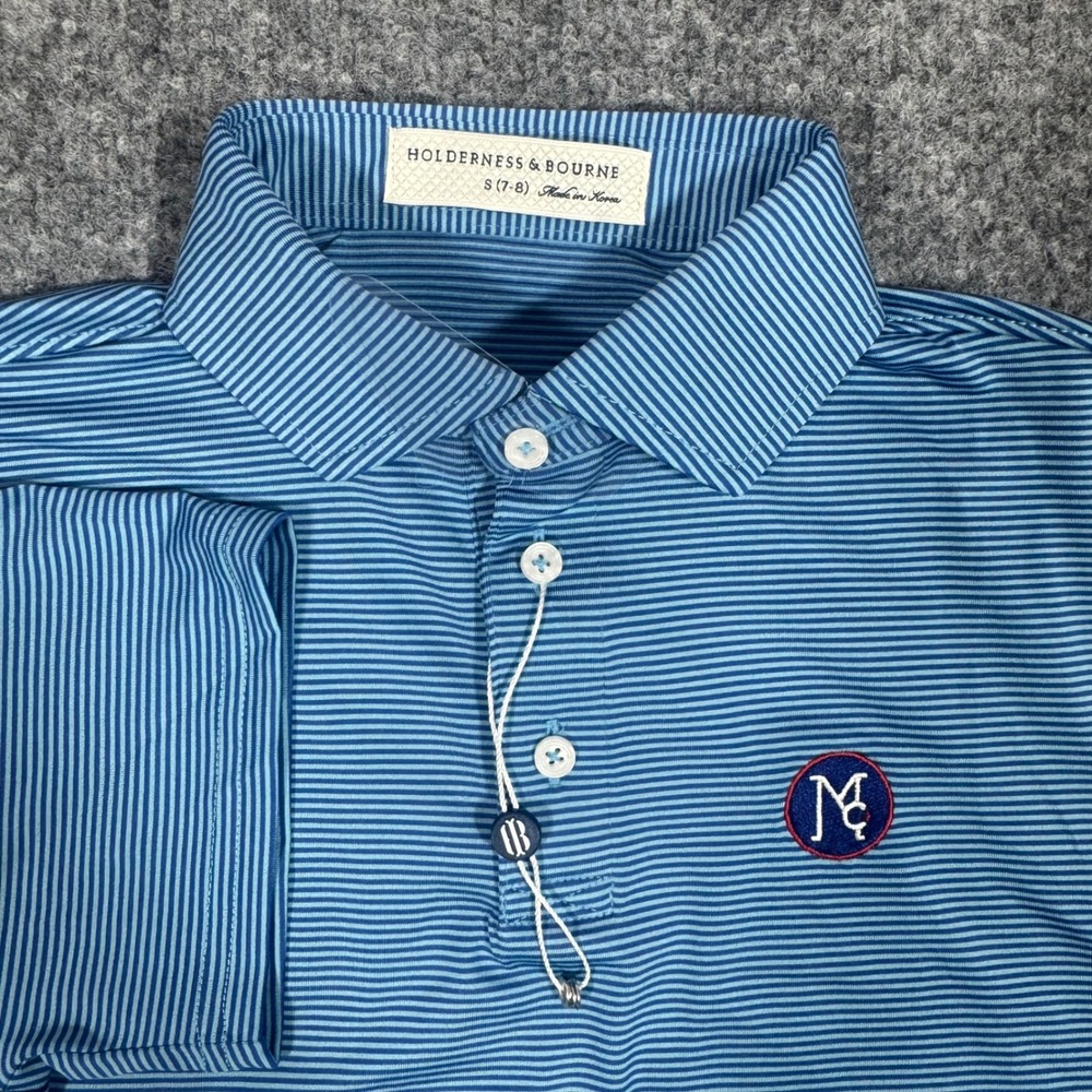 Holderness & Bourne Striped Performance Golf Polo Shirt Boys S 7-8 Blue NWOT